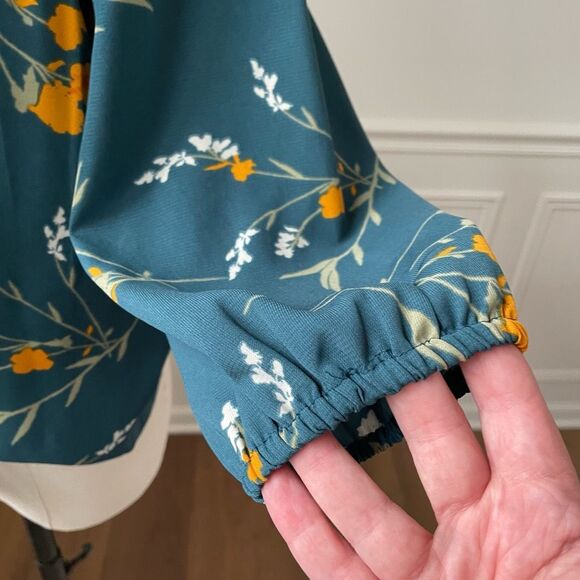 Collective Concept Stitch Fix Open Front Knotted Green Floral Blouse M Petite - Picture 5 of 9